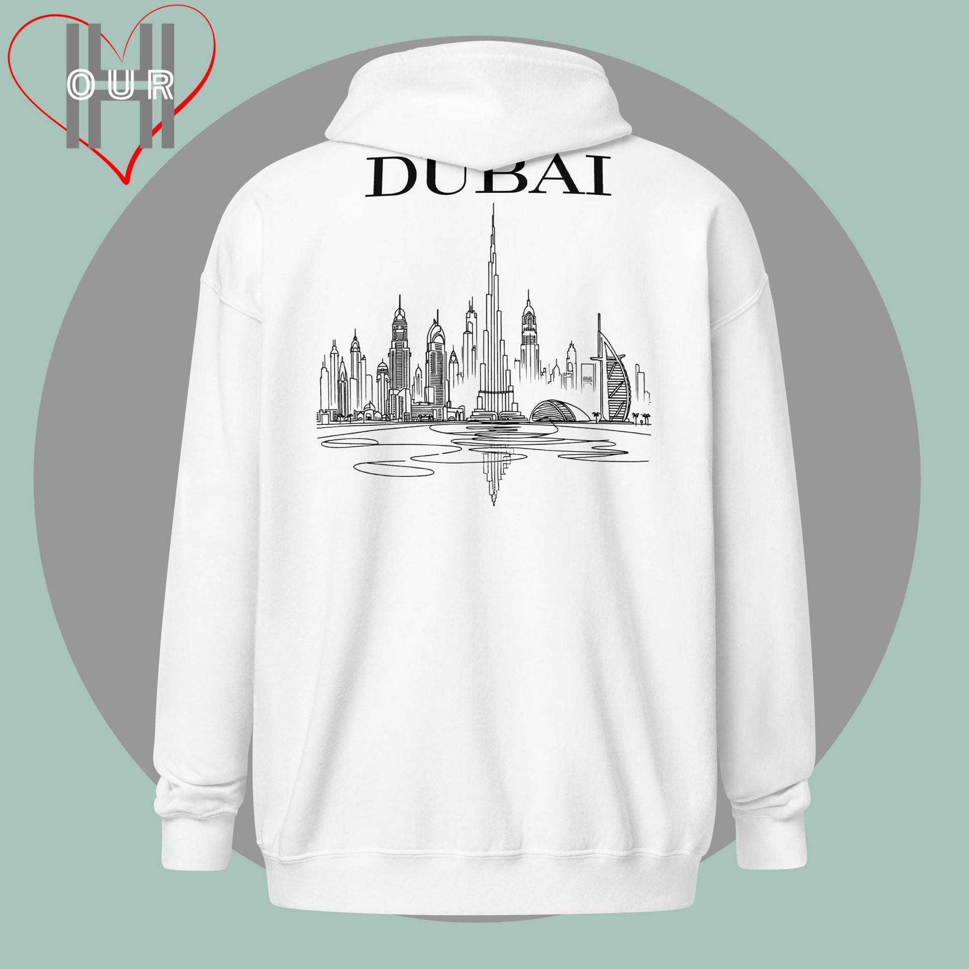 Personalized white hoodie featuring a line art design of Dubai on the back.