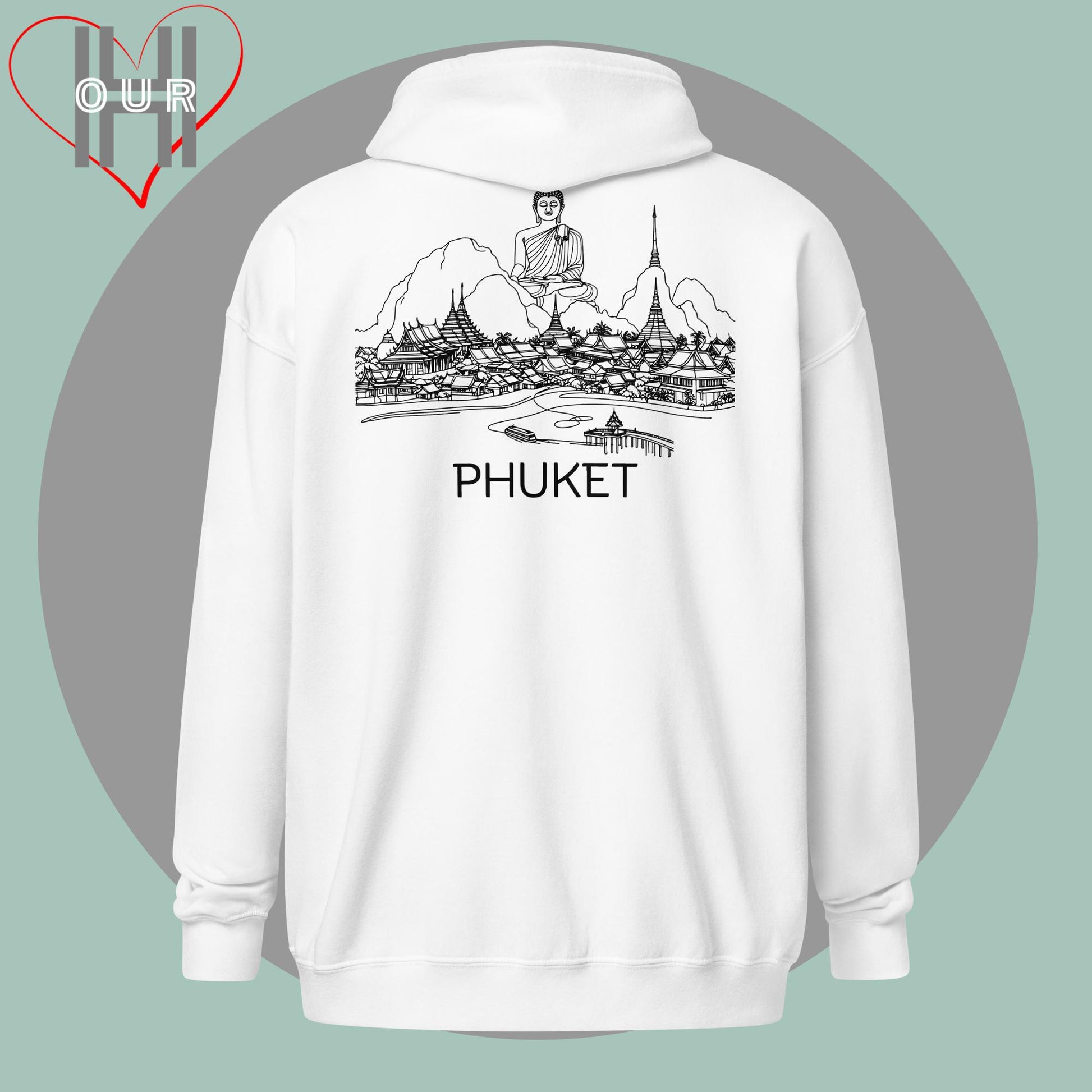 Personalized white hoodie featuring a line art design of Phuket on the back.