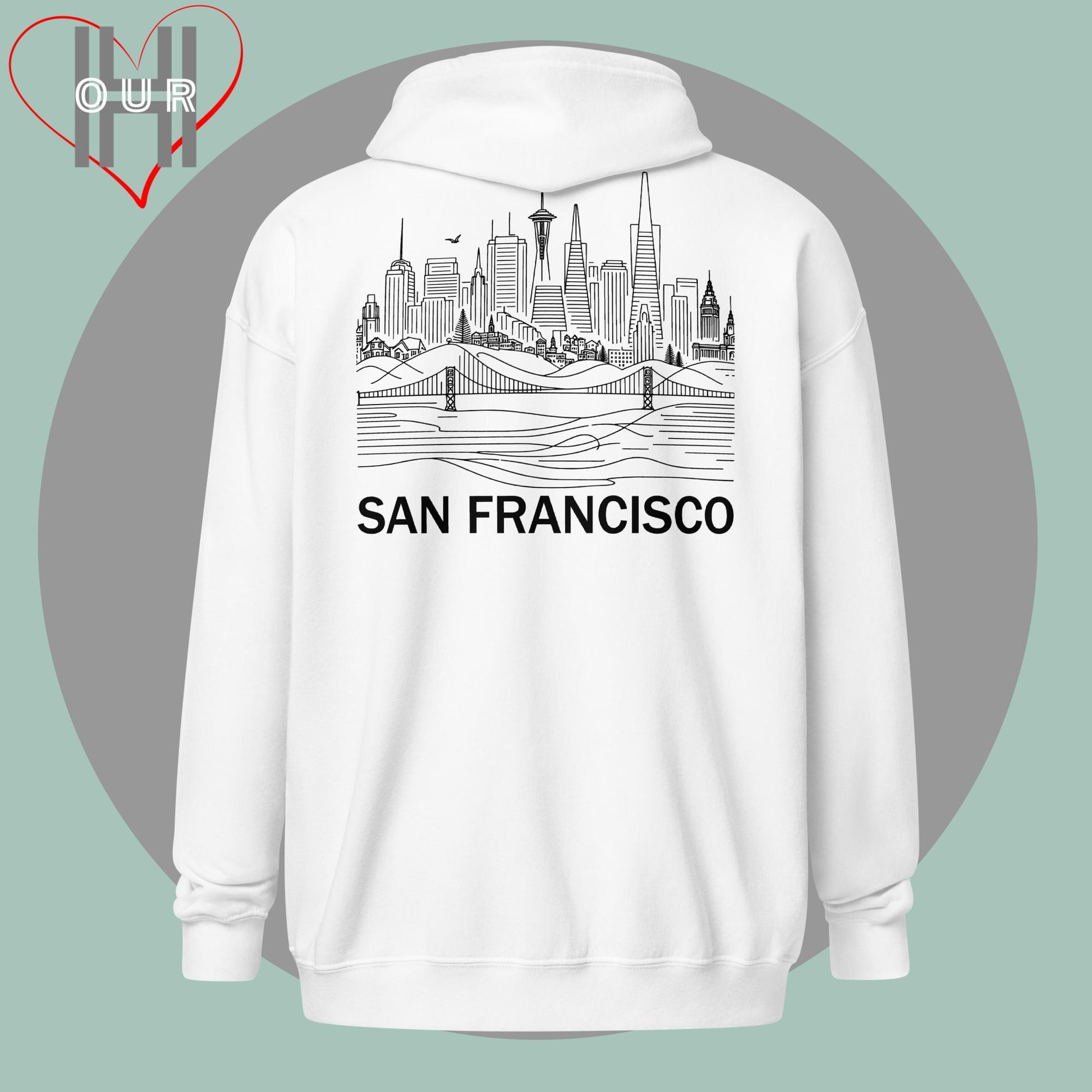 Personalized white hoodie featuring a line art design of San Francisco on the back.