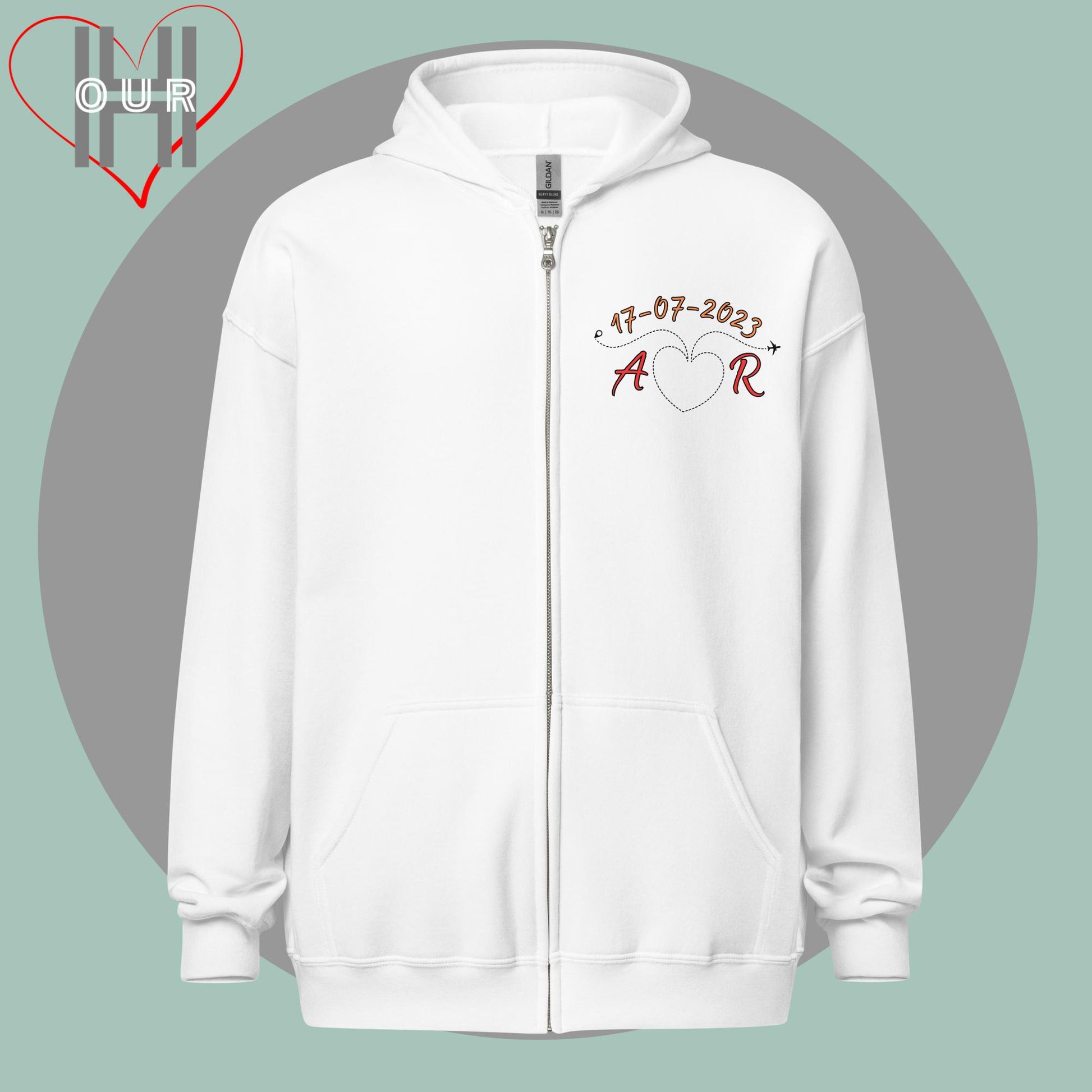 Custom white hoodie with personalized initials and travel date for Seoul.