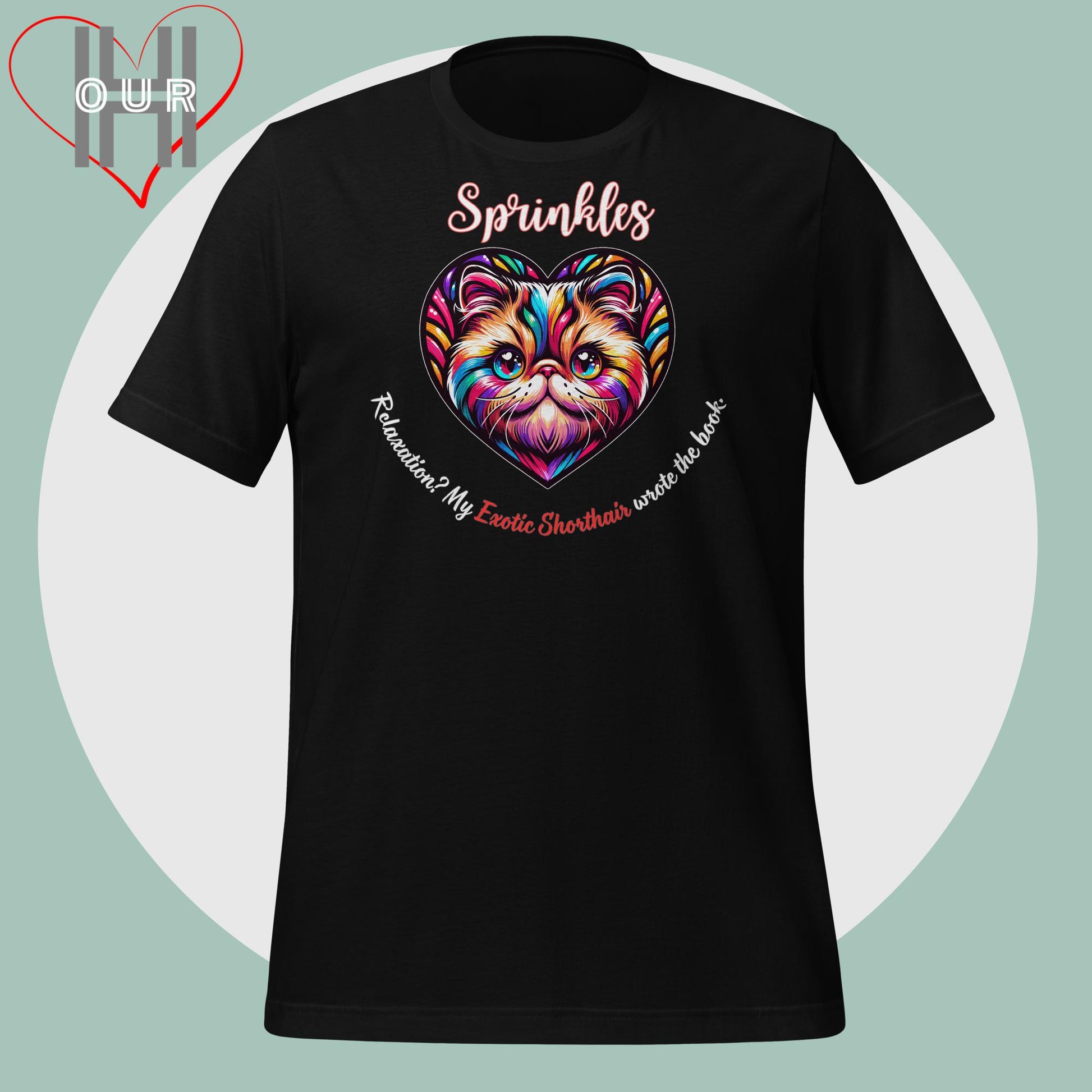 Custom Exotic Shorthair black t-shirt featuring vibrant Exotic Shorthair art, personalized with your cat's name.