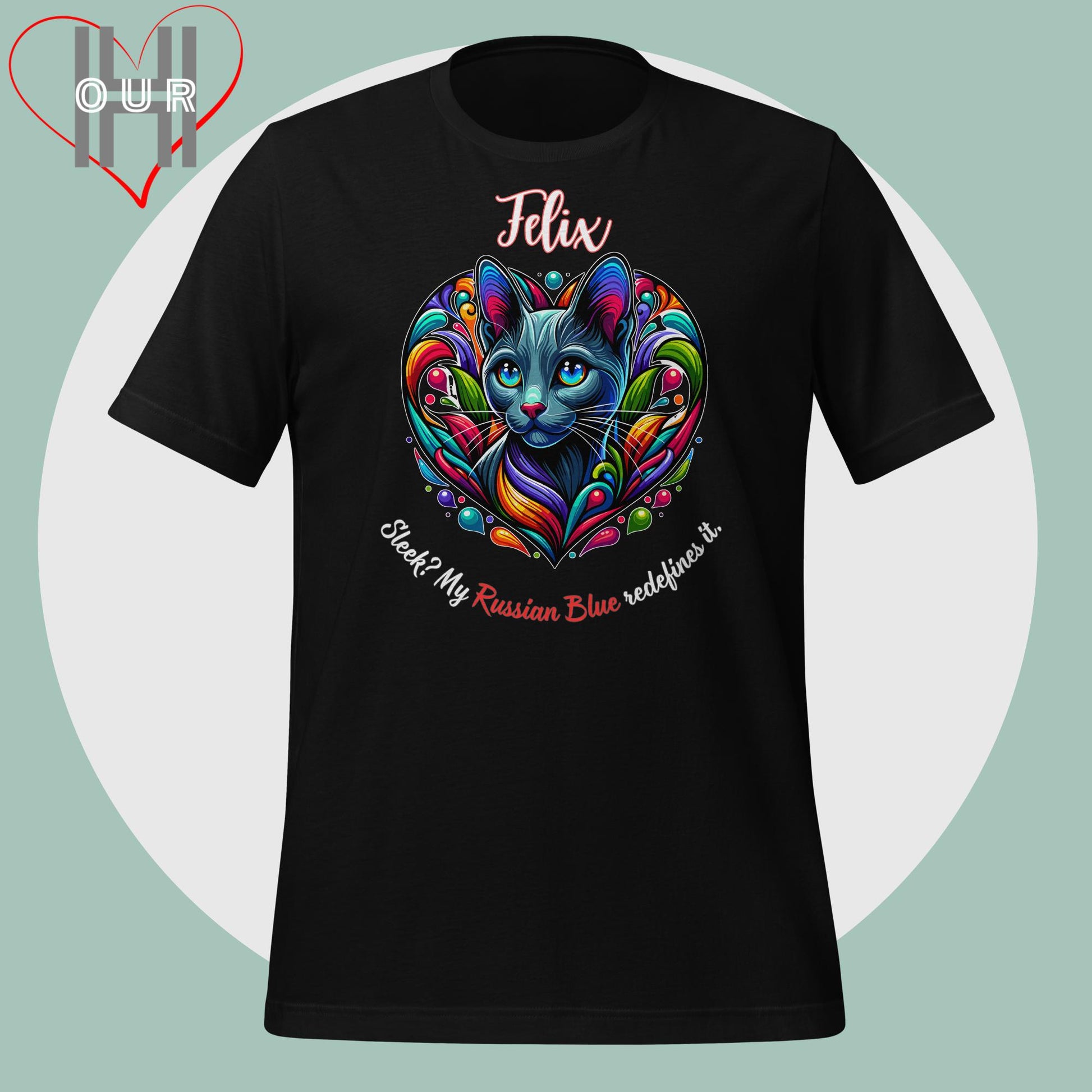 Custom Russian Blue black t-shirt featuring vibrant Russian Blue art, personalized with your cat's name.