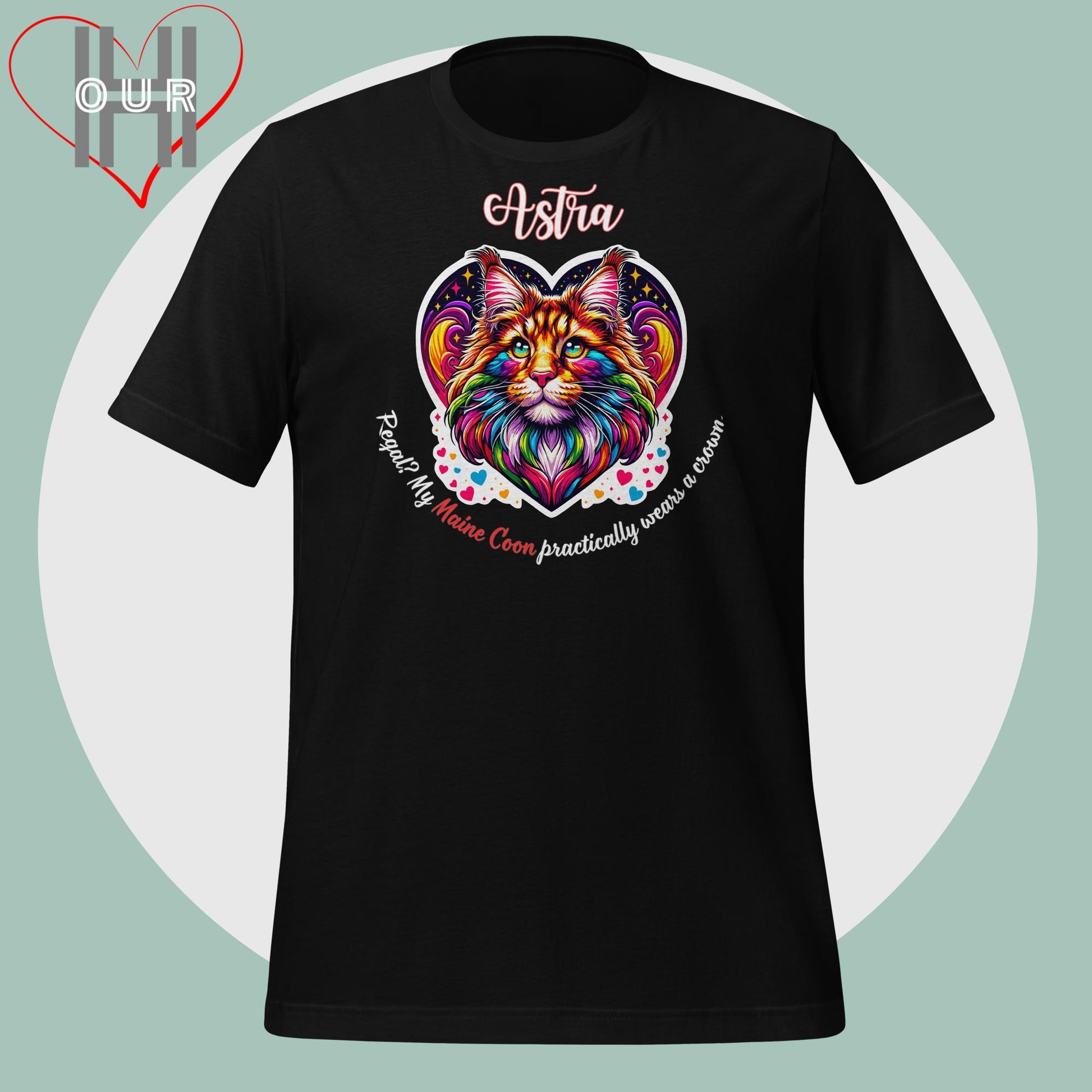 Custom Maine Coon black t-shirt featuring vibrant Maine Coon art, personalized with your cat's name.