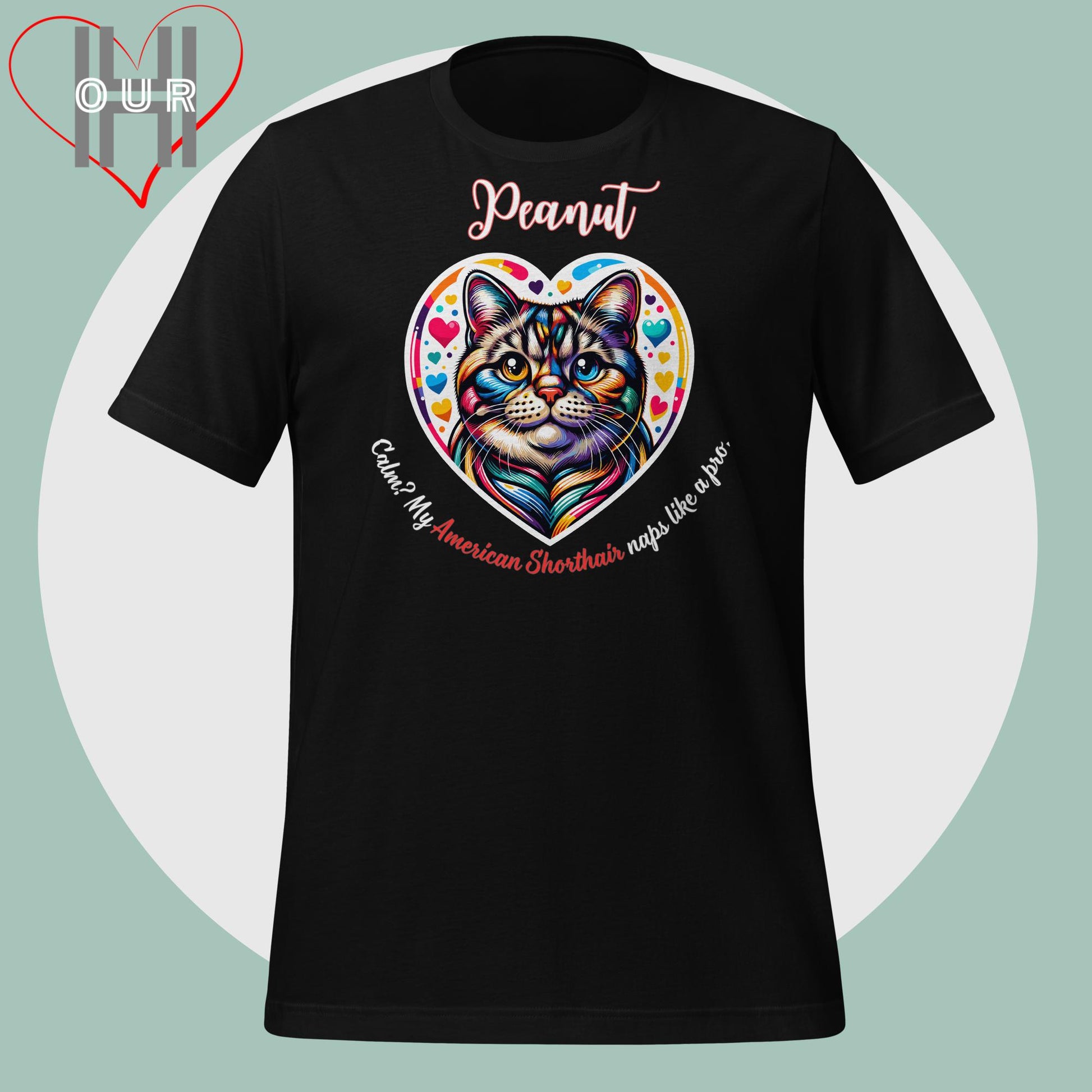 Custom American Shorthair black t-shirt featuring vibrant American Shorthair art, personalized with your cat's name.