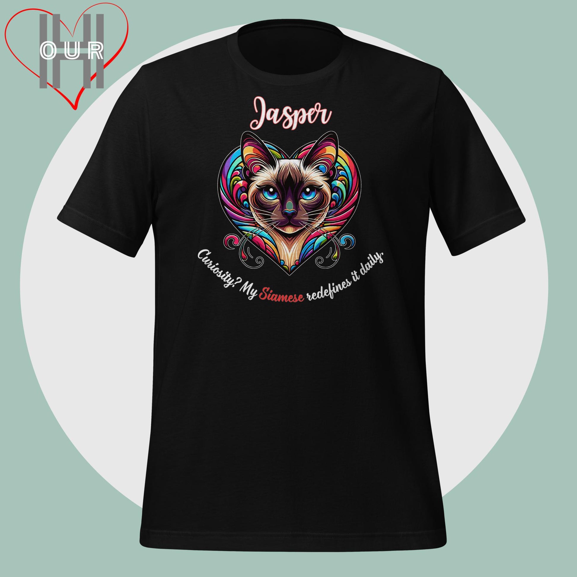 Custom Siamese cat black t-shirt featuring vibrant Siamese cat art, personalized with your cat's name.