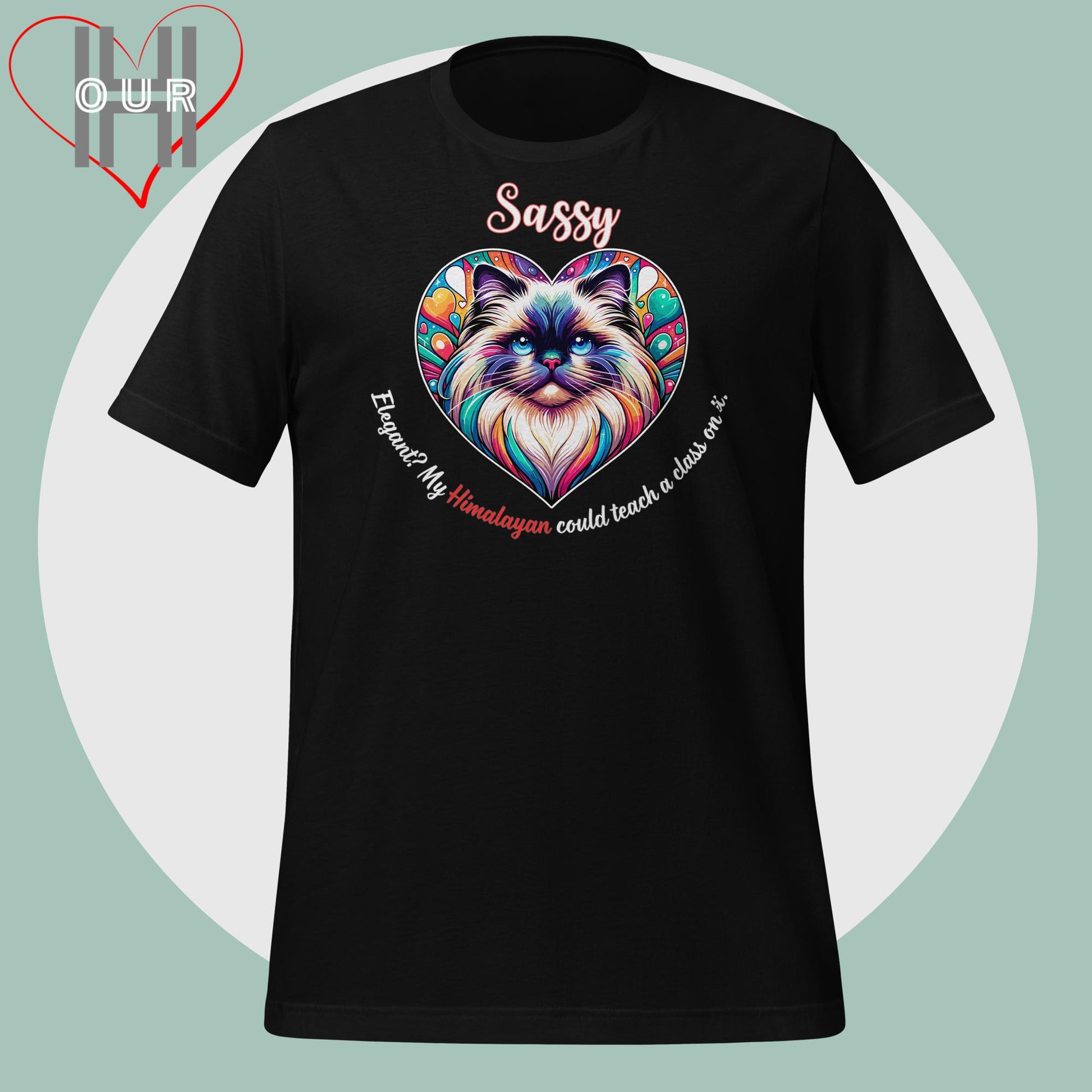 Custom Himalayan cat black t-shirt featuring vibrant Himalayan cat art, personalized with your cat's name.