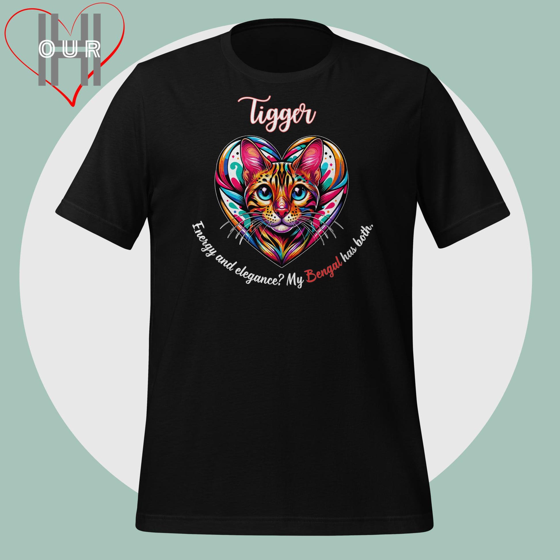 Custom Bengal cat black t-shirt featuring vibrant Bengal cat art, personalized with your cat's name.