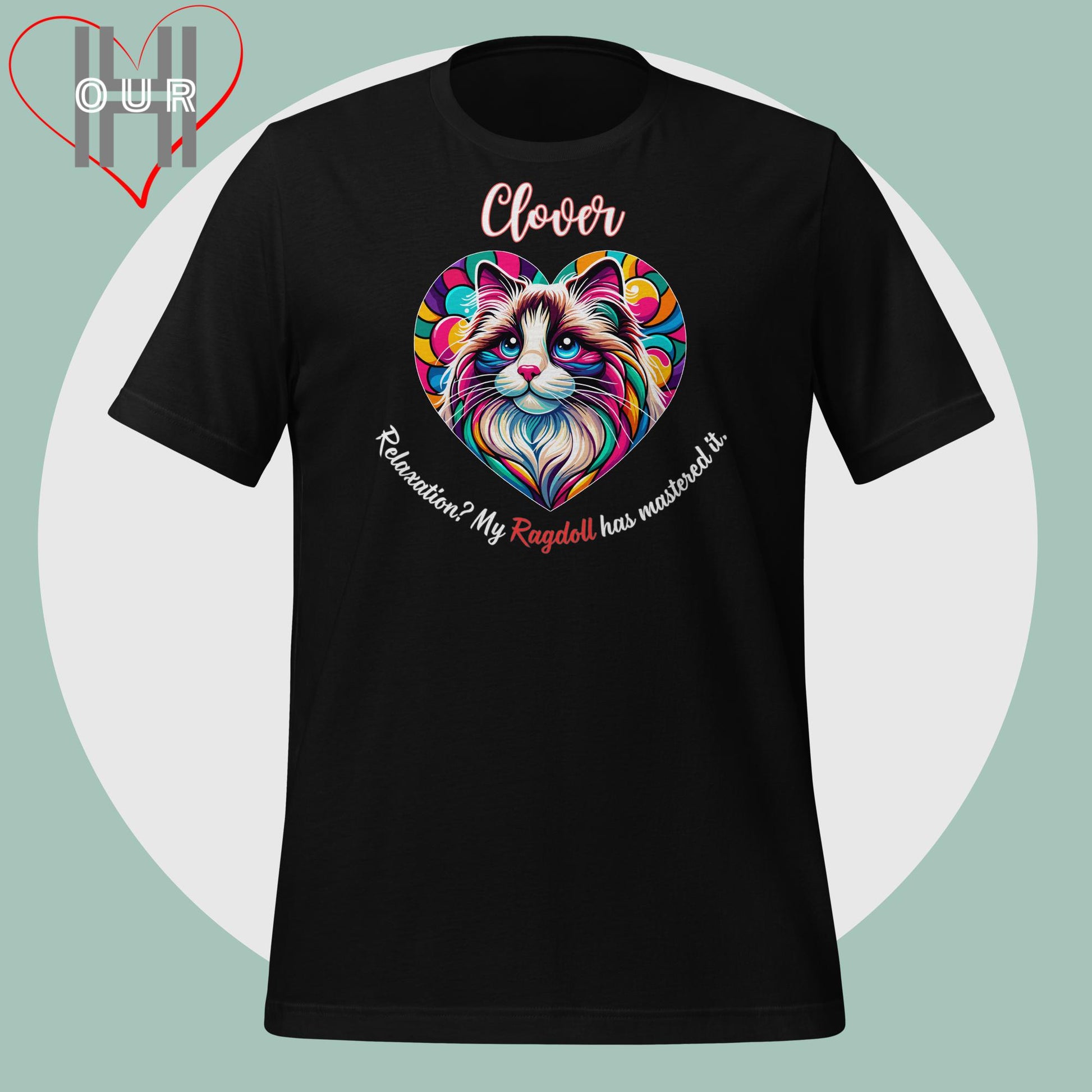 Custom Ragdoll black t-shirt featuring vibrant Ragdoll art, personalized with your cat's name.