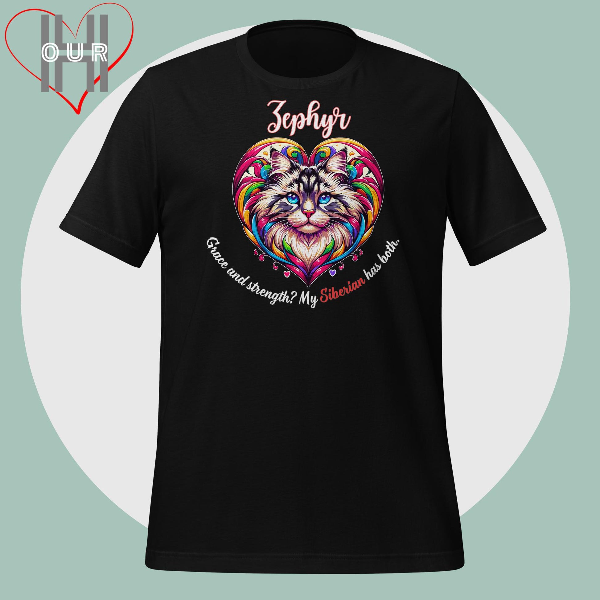 Custom Siberian black t-shirt featuring vibrant Siberian art, personalized with your cat's name.