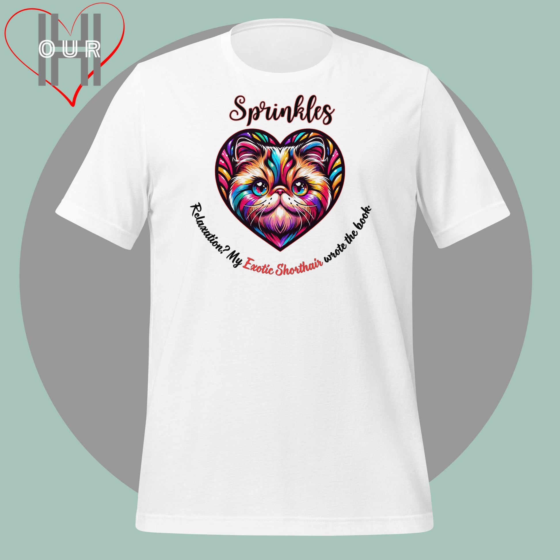 Custom Exotic Shorthair white t-shirt featuring vibrant Exotic Shorthair art, personalized with your cat's name.