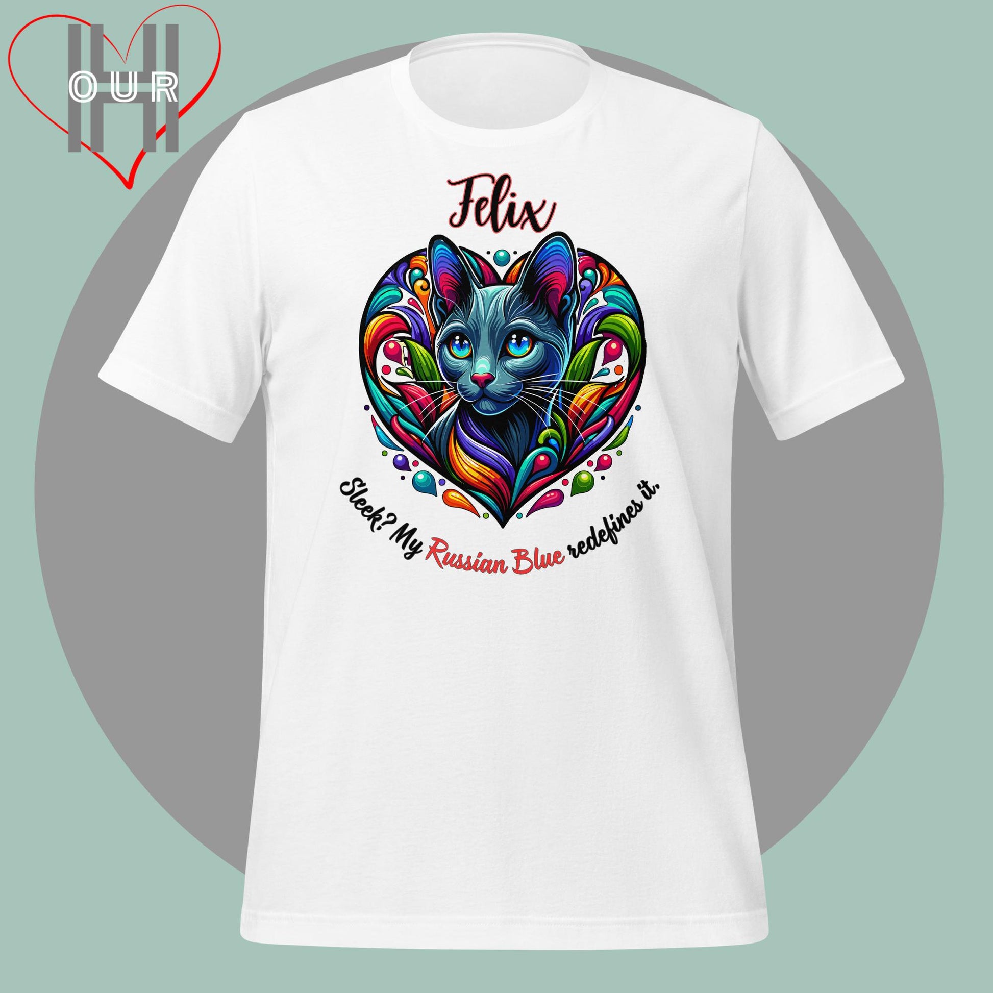 Custom Russian Blue white t-shirt featuring vibrant Russian Blue art, personalized with your cat's name.