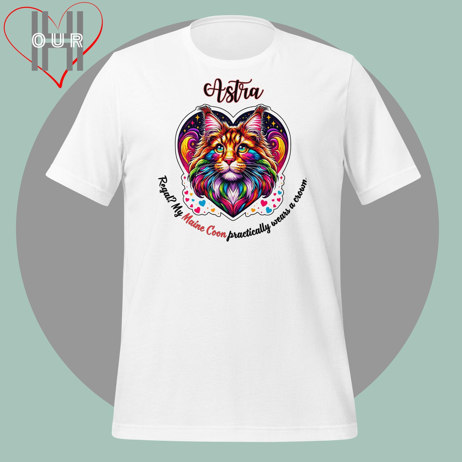 Custom Maine Coon white t-shirt featuring vibrant Maine Coon art, personalized with your cat's name.