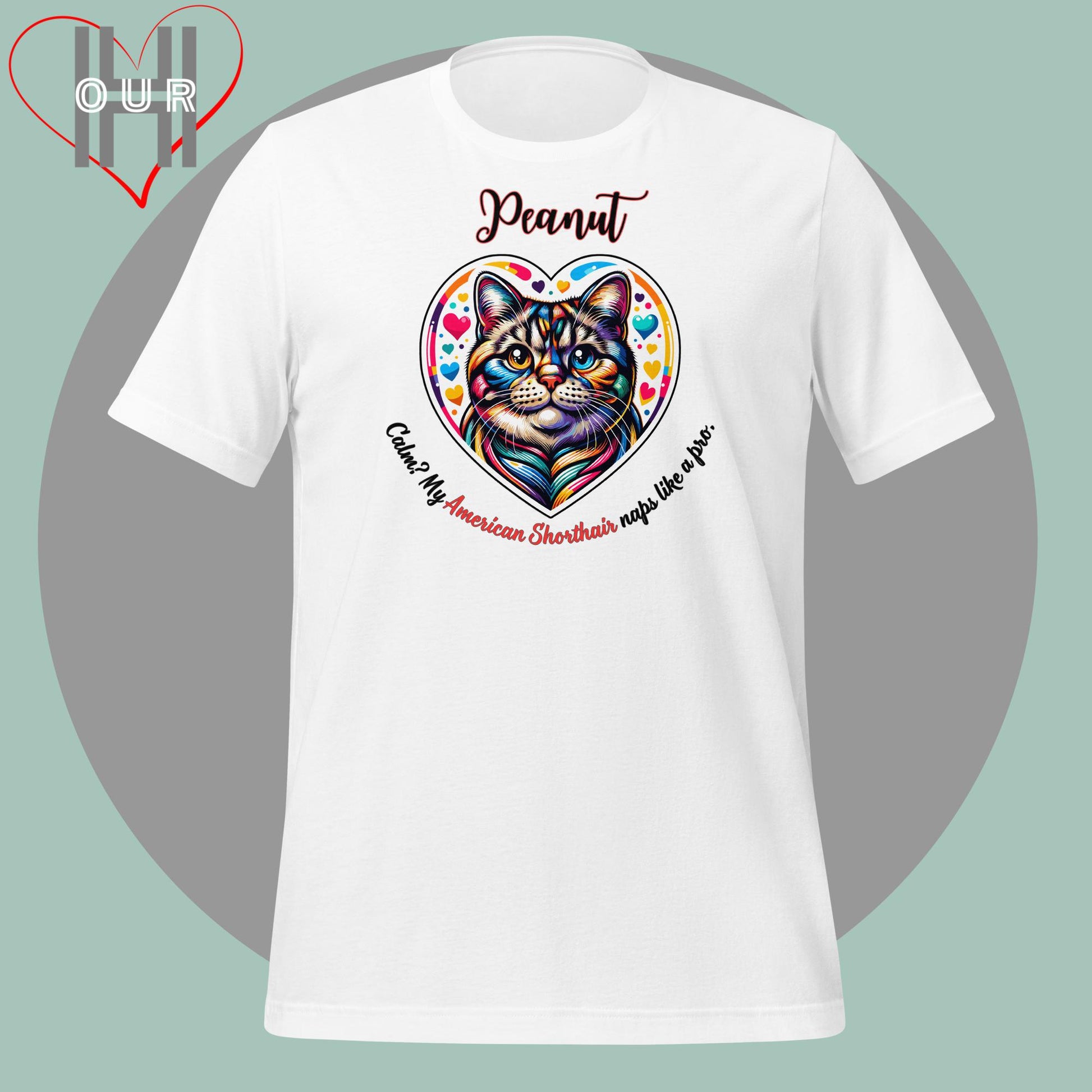 Custom American Shorthair white t-shirt featuring vibrant American Shorthair art, personalized with your cat's name.