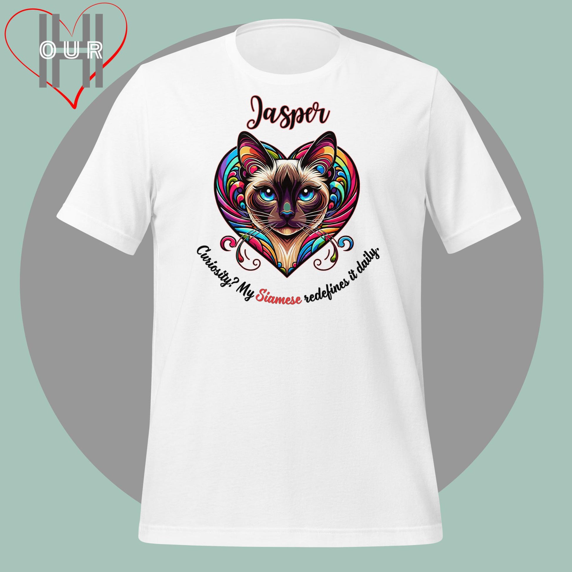 Custom Siamese cat white t-shirt featuring vibrant Siamese cat art, personalized with your cat's name.