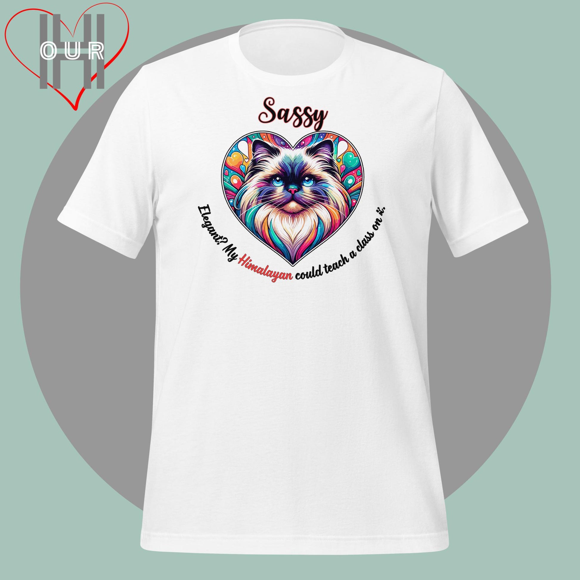 Custom Himalayan cat white t-shirt featuring vibrant Himalayan cat art, personalized with your cat's name.