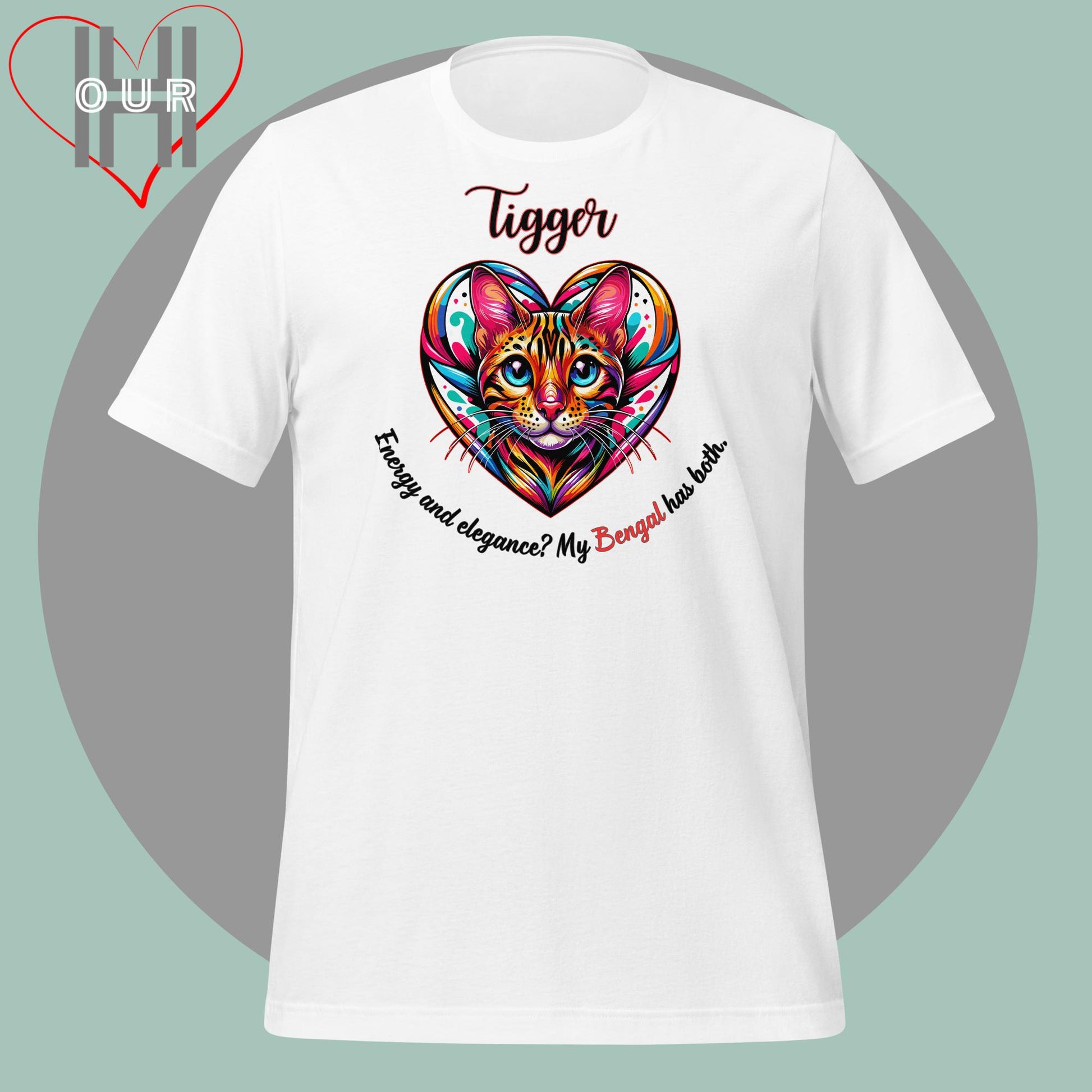 Custom Bengal cat white t-shirt featuring vibrant Bengal cat art, personalized with your cat's name.