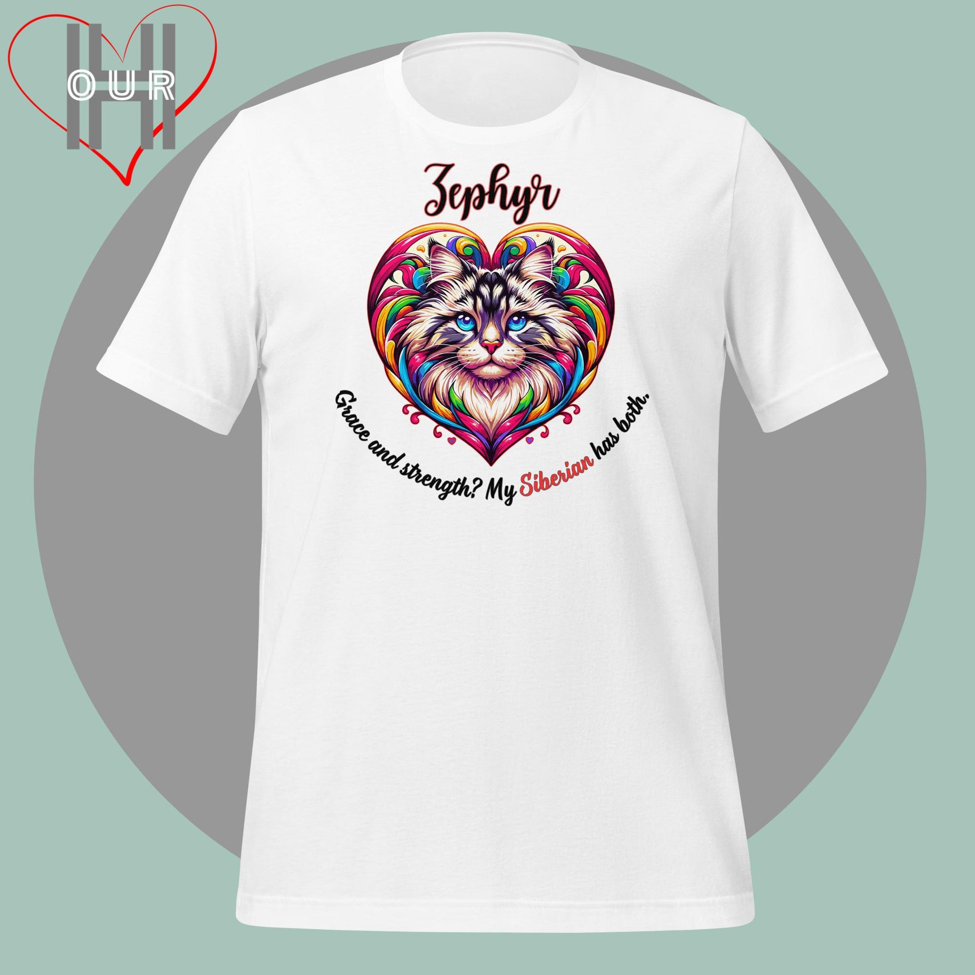 Custom Siberian white t-shirt featuring vibrant Siberian art, personalized with your cat's name.