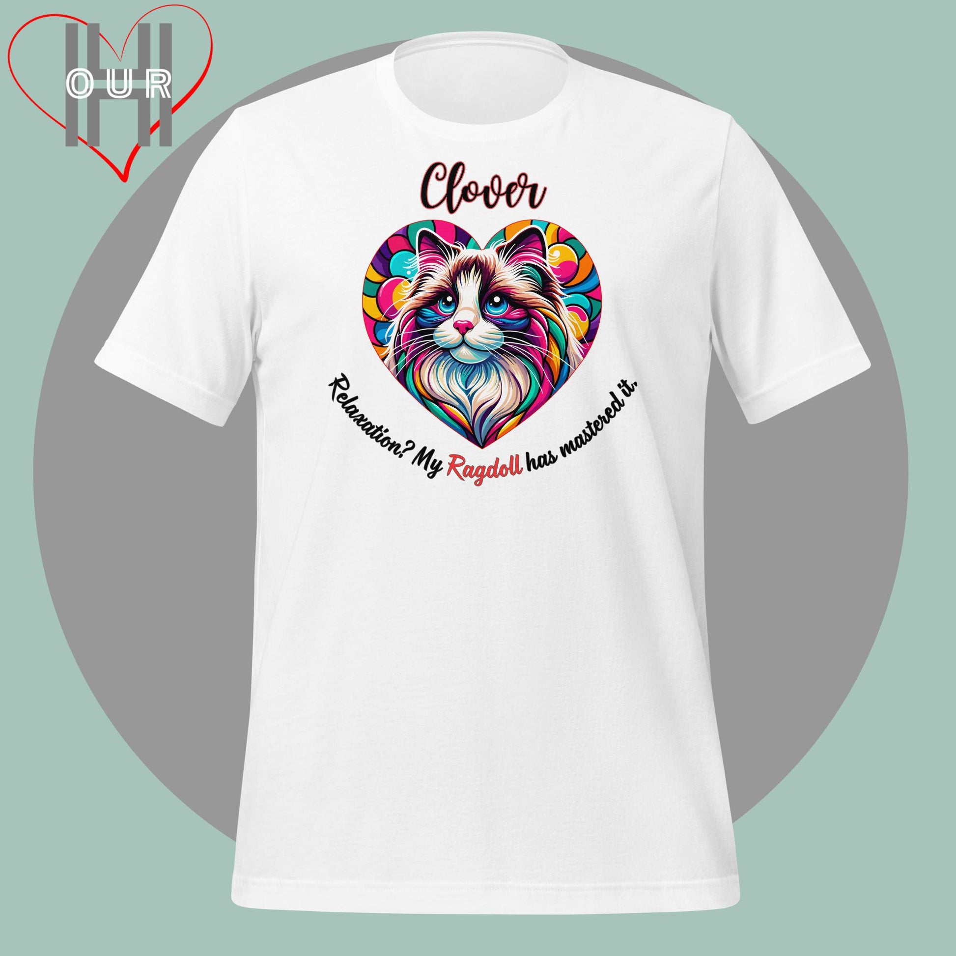 Custom Ragdoll white t-shirt featuring vibrant Ragdoll art, personalized with your cat's name.